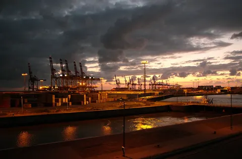 Container terminal at dusk