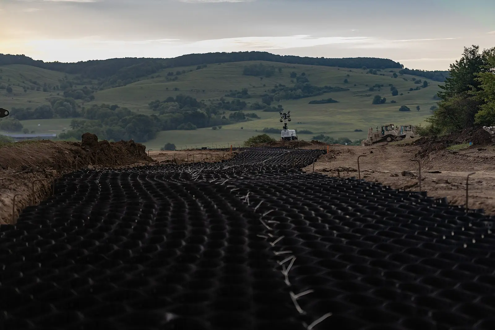 HDPE geocells expanded on site before infill