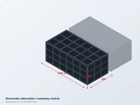Illustration of a stormwater attenuation module, 1000 × 500 × 400 mm