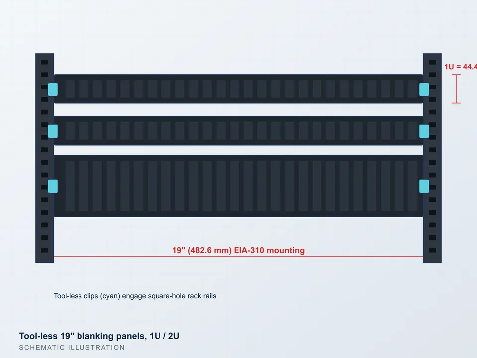 Illustration of tool-less 19-inch blanking panels in a rack