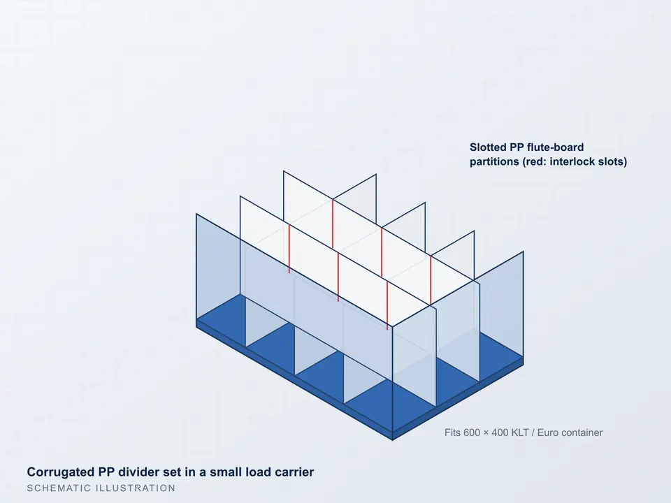 Illustration of corrugated PP dividers in a small load carrier