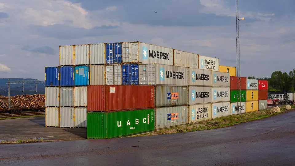 Stacked 20 ft and 40 ft shipping containers